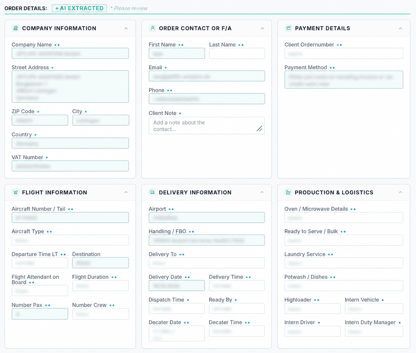 AI-extracted order details dashboard with company, contact, flight, delivery and production information